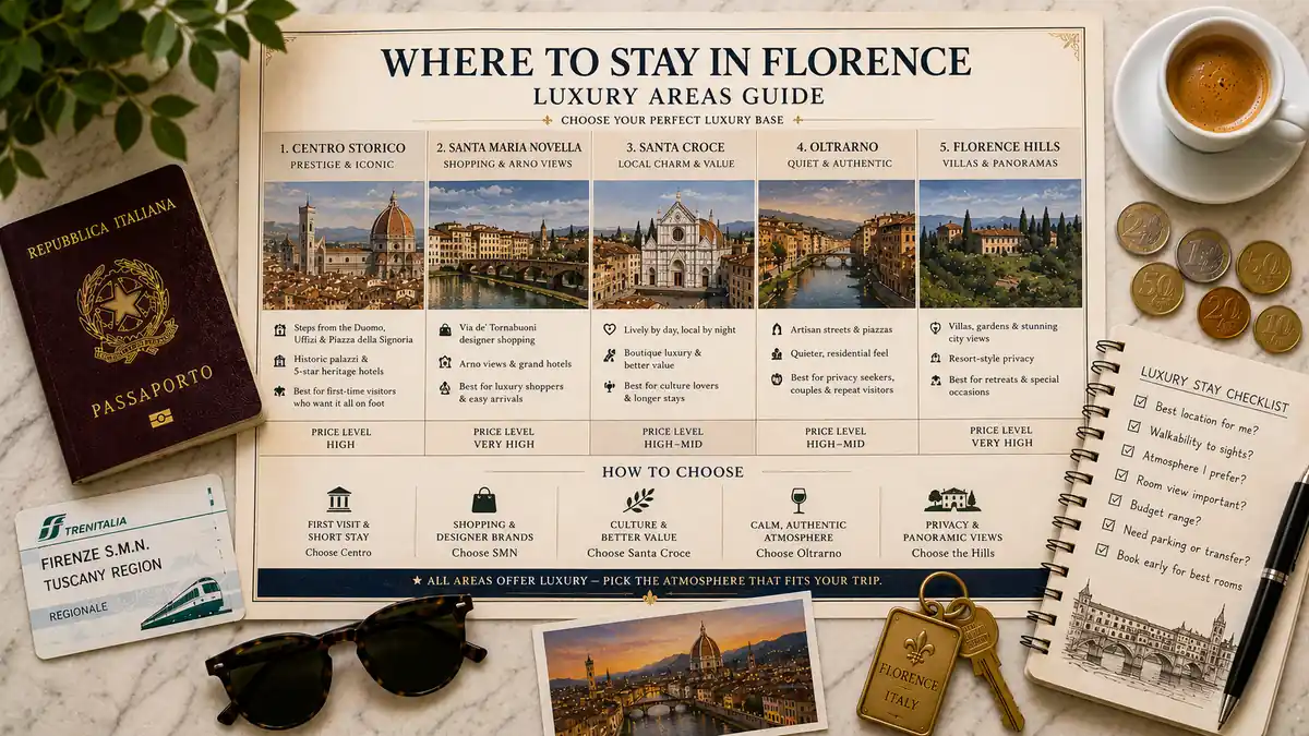 Where to Stay in Florence for Luxury 2 Overhead Florence luxury stay guide comparing Centro Storico, Santa Maria Novella, Santa Croce, Oltrarno, and the Florentine hills.