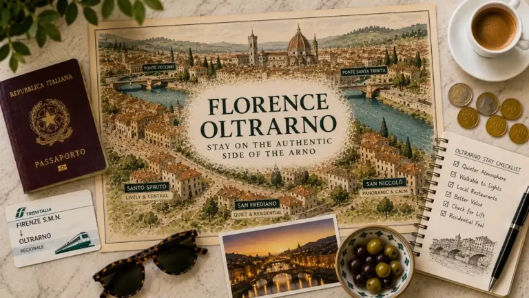 Overhead Florence Oltrarno flat lay with an illustrated neighborhood map, passport, train card, sunglasses, espresso, coins, olives, postcard, and stay checklist.