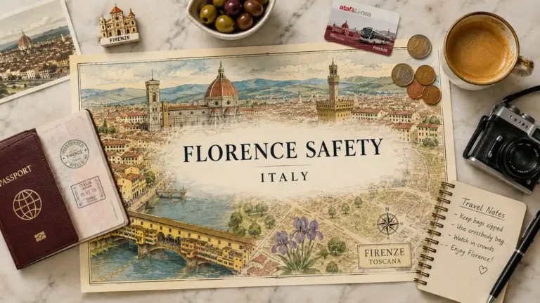 Top-down Florence travel safety flat lay with an illustrated city map, passport, transit card, notebook, coins, and coffee.