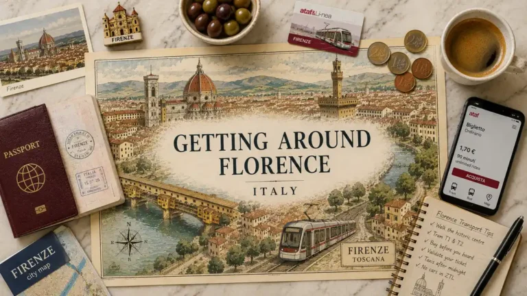Top-down Florence transport flat lay with an illustrated city map, passport, tram card, coins, coffee, smartphone ticket screen, and travel notebook.