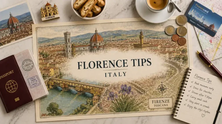 Top-down Florence travel tips flat lay with an illustrated city map, passport, espresso, museum card, coins, biscotti, and travel notebook.