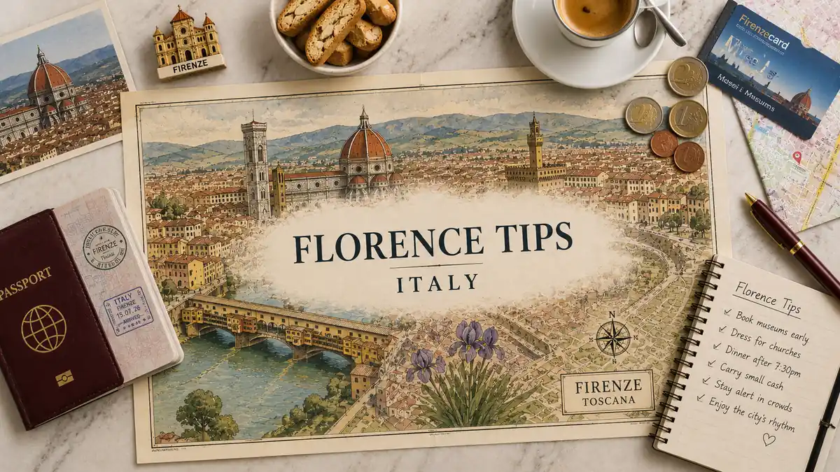 Top-down Florence travel tips flat lay with an illustrated city map, passport, espresso, museum card, coins, biscotti, and travel notebook.