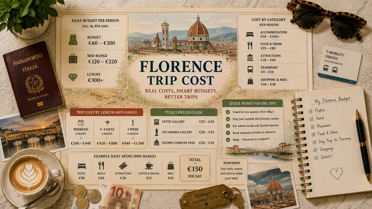 Florence Trip Cost: How Much to Budget for a Visit 2 Flat-lay Florence trip cost guide with Duomo map, passport, euro coins, coffee, transport card, budget notebook, and travel planning props.