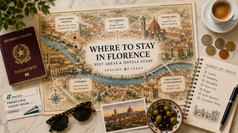 Overhead Florence stay guide flat lay with an illustrated neighborhood map, passport, train card, sunglasses, espresso, coins, olives, and hotel checklist.