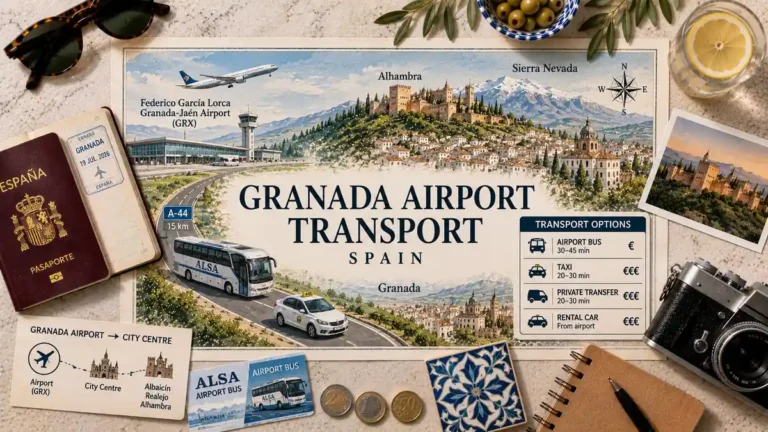 Overhead travel flat lay with an illustrated route from Granada airport to the city, passport, airport bus card, taxi, camera, coins, ceramic tile, notebook, and Alhambra postcard.