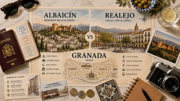 Overhead travel flat lay comparing Albaicín and Realejo in Granada, with an illustrated neighborhood map, passport, minibus card, camera, coins, ceramic tile, and Alhambra postcard.