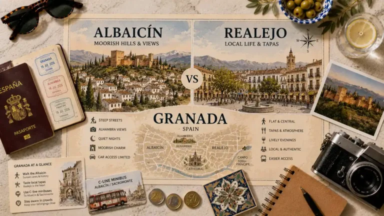 Overhead travel flat lay comparing Albaicín and Realejo in Granada, with an illustrated neighborhood map, passport, minibus card, camera, coins, ceramic tile, and Alhambra postcard.