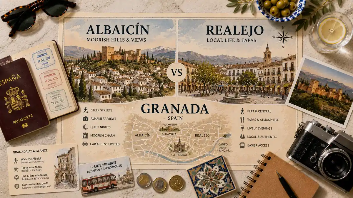 Albaicín vs Realejo: Where to Stay in Granada 2 Overhead travel flat lay comparing Albaicín and Realejo in Granada, with an illustrated neighborhood map, passport, minibus card, camera, coins, ceramic tile, and Alhambra postcard.