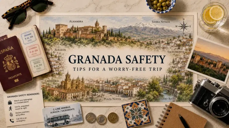 Overhead travel flat lay with an illustrated Granada map, passport, safety reminder card, minibus card, olives, sunglasses, camera, coins, ceramic tile, notebook, and Alhambra postcard.