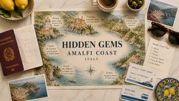 Flat lay Amalfi Coast hidden gems map with passport, lemons, ferry and bus tickets, coffee, olives, and coastal postcards.