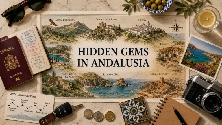 Overhead travel flat lay with an illustrated Andalusia map, passport, route card, olives, sunglasses, camera, coins, ceramic tile, notebook, and coastal scenery.