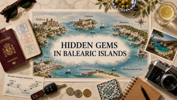 Overhead travel flat lay with an illustrated Balearic Islands map, passport, route card, sunglasses, camera, coins, ceramic tile, olives, and a lemon drink.