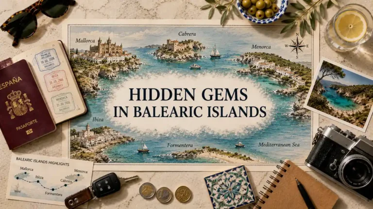 Overhead travel flat lay with an illustrated Balearic Islands map, passport, route card, sunglasses, camera, coins, ceramic tile, olives, and a lemon drink.