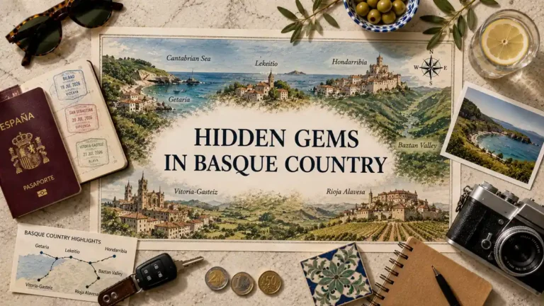 Overhead travel flat lay with an illustrated Basque Country map, passport, route card, olives, sunglasses, camera, coins, ceramic tile, notebook, and coastal scenery.