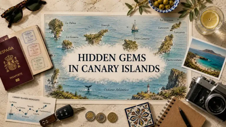 Overhead travel flat lay with an illustrated Canary Islands map, passport, route card, sunglasses, camera, coins, ceramic tile, olives, and a lemon drink.