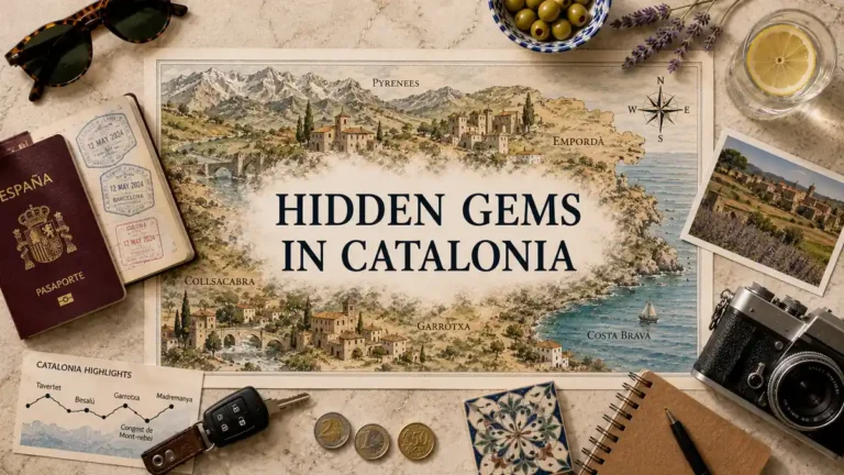 Overhead travel flat lay with an illustrated Catalonia map, passport, route card, olives, sunglasses, ceramic tile, notebook, and mountain and coastal details.