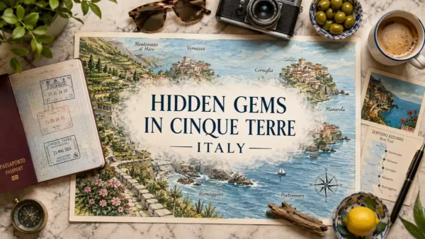 Flat lay travel map of Cinque Terre hidden gems with passport, route card, coffee, olives, and coastal props.