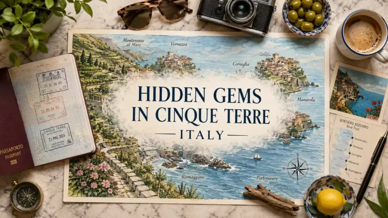 Flat lay travel map of Cinque Terre hidden gems with passport, route card, coffee, olives, and coastal props.