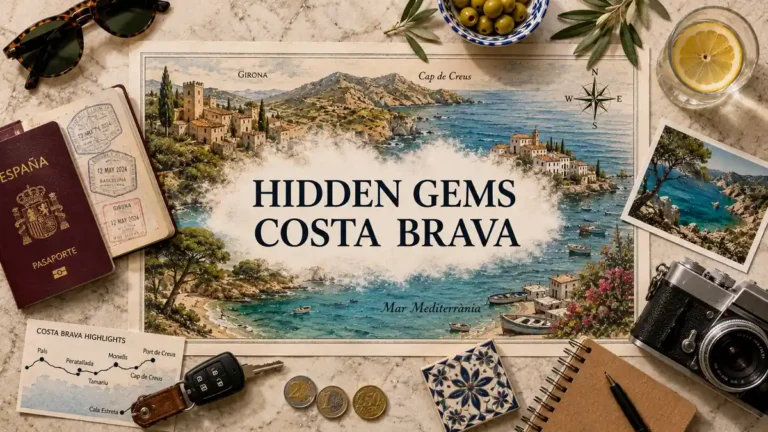 Overhead travel flat lay with an illustrated Costa Brava map, passport, route card, olives, sunglasses, camera, and Mediterranean coastal details.