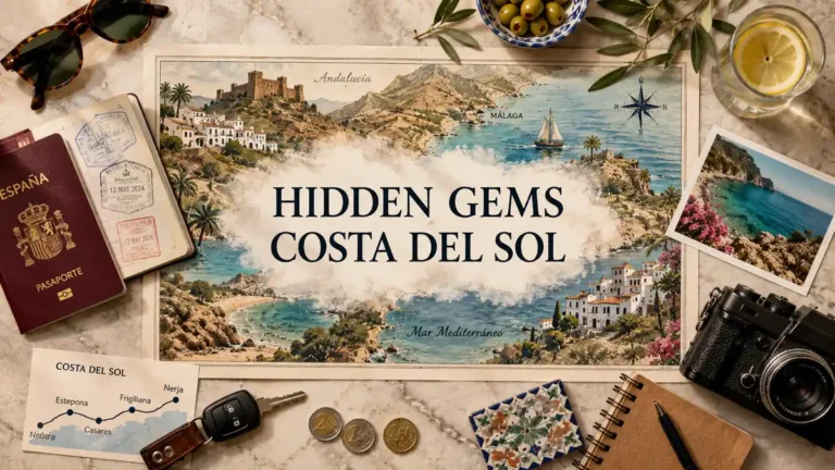 Overhead travel flat lay with an illustrated Costa del Sol map, passport, route card, olives, sunglasses, and coastal travel objects.
