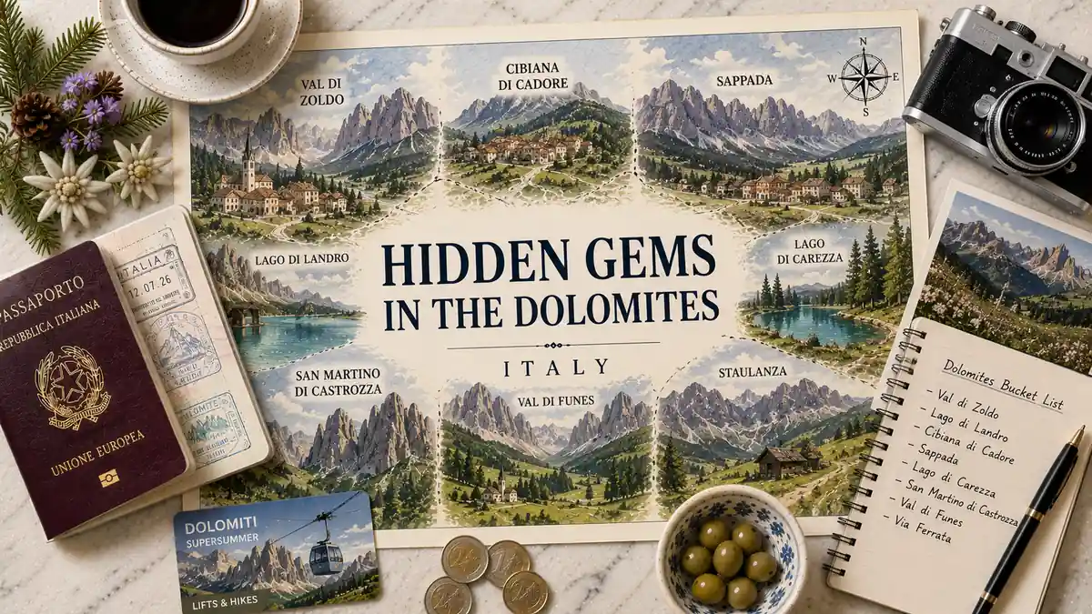 Overhead illustrated Dolomites hidden-gems map with a passport, cable-car card, camera, coffee, olives, coins, alpine flowers, postcard, and travel notebook.