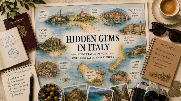 Flat lay Italy hidden gems map with passport, checklist, notebook, postcards, olives, coffee, and camera.
