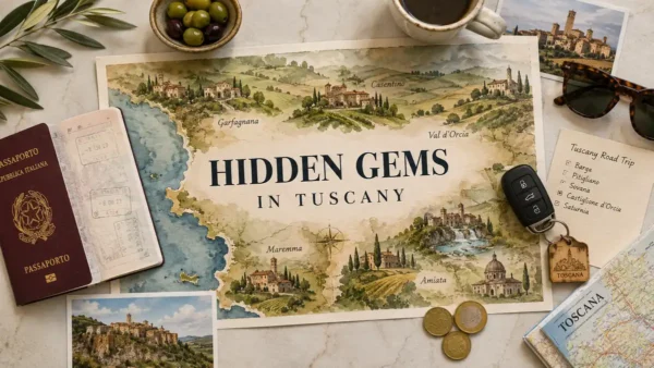 Hidden Gems in Tuscany: The Underrated Towns, by Region 10 Flat lay travel map of hidden gems in Tuscany with passport, olives, coffee, and village postcards.