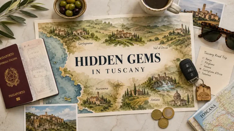 Hidden Gems in Tuscany 3 Flat lay travel map of hidden gems in Tuscany with passport, olives, coffee, and village postcards.