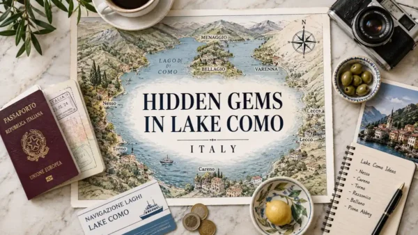 Overhead Lake Como map with a passport, ferry card, olives, lemon, notebook, coins, and camera.