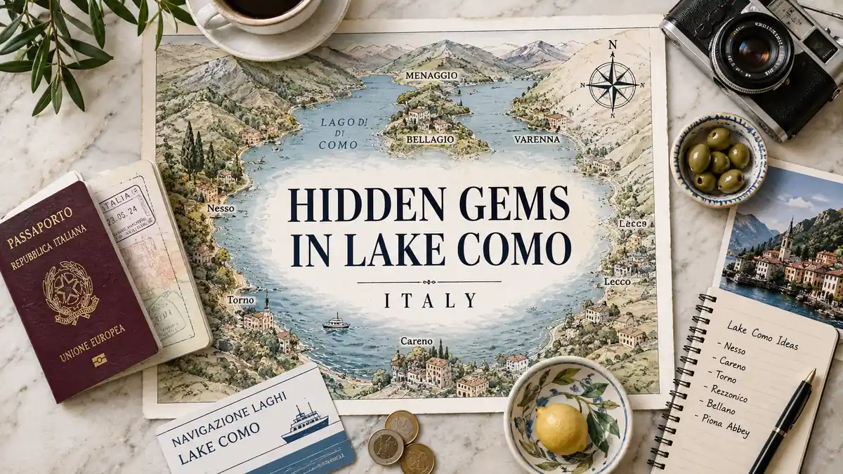 Hidden Gems in Lake Como: Quiet Villages, No Crowds 2 Overhead Lake Como map with a passport, ferry card, olives, lemon, notebook, coins, and camera.