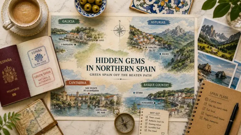 Top-down Northern Spain travel flat lay with an illustrated Green Spain map, open passport, coastal postcards, coffee, olives, compass, and travel-planning notes.