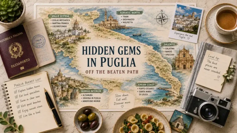 Overhead Puglia map flat lay with a passport, coffee, notebook, olives, orecchiette, camera, postcard, and lesser-known towns marked across the region.