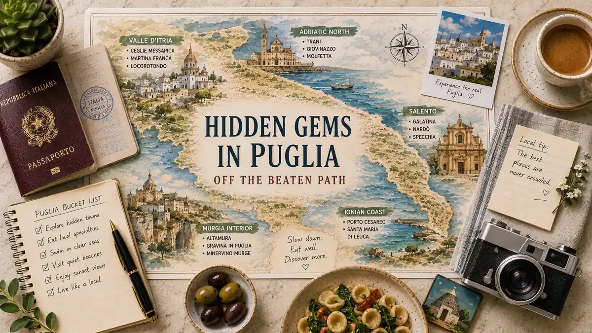 Overhead Puglia map flat lay with a passport, coffee, notebook, olives, orecchiette, camera, postcard, and lesser-known towns marked across the region.