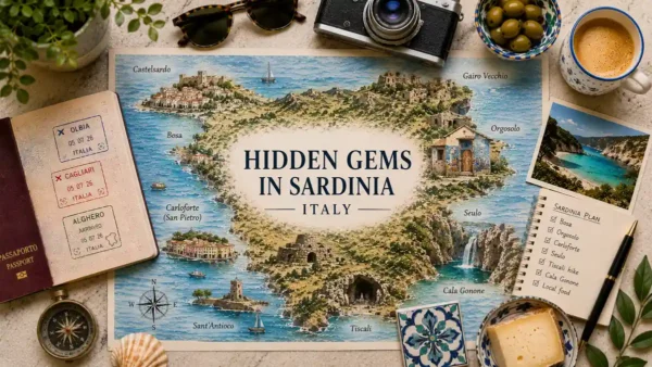 Flat lay travel map of Sardinia hidden gems with passport, Bosa, Orgosolo, Carloforte, coffee, olives, cheese, and travel notes.