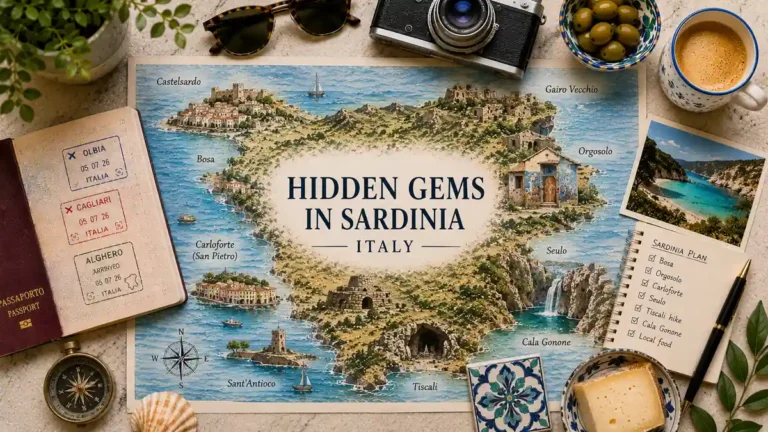 Flat lay travel map of Sardinia hidden gems with passport, Bosa, Orgosolo, Carloforte, coffee, olives, cheese, and travel notes.