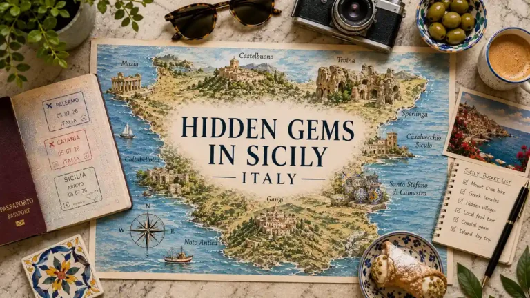 Flat lay travel map of Sicily hidden gems with passport, mountain villages, ceramics, coffee, olives, and cannoli.