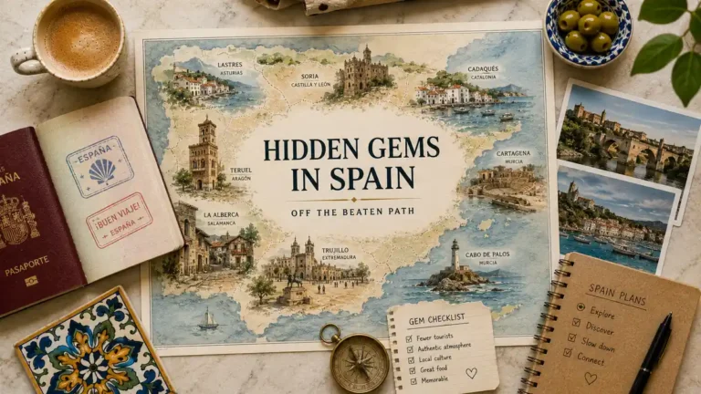 Top-down Spain travel flat lay with an illustrated hidden-gems map, open passport, coastal postcards, coffee, olives, ceramic tile, compass, and planning notes.