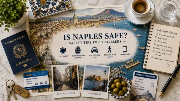 Overhead Naples safety-planning flat lay with an illustrated city map, passport, espresso, transit card, room key, olives, postcards, safety checklist, and notebook.