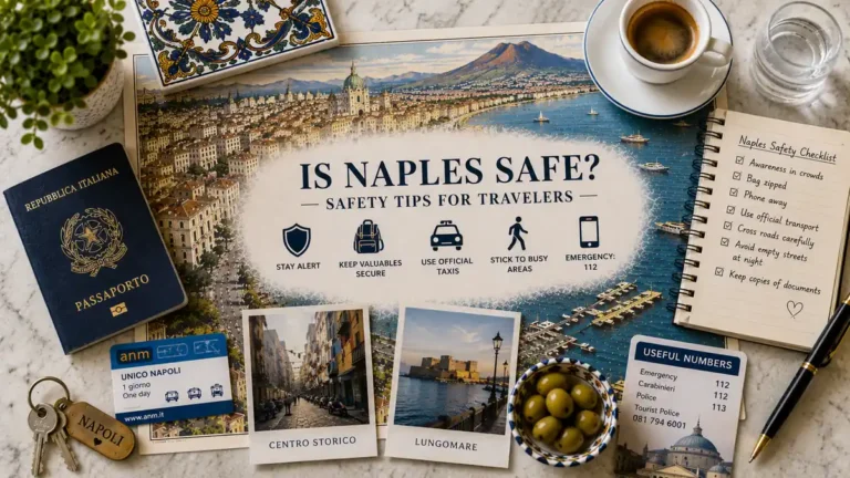 Overhead Naples safety-planning flat lay with an illustrated city map, passport, espresso, transit card, room key, olives, postcards, safety checklist, and notebook.