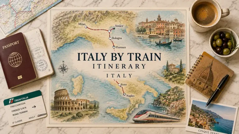 Italy by Train Itinerary: The Best Route Order 9 Flat lay of an Italy by train map with passport, rail ticket, espresso, olives and Cinque Terre postcard.