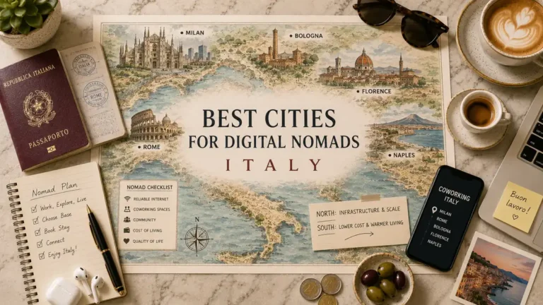 Overhead Italy map flat lay with a passport, laptop, phone, coffee, notebook, coworking checklist, coins, olives, and city landmarks.