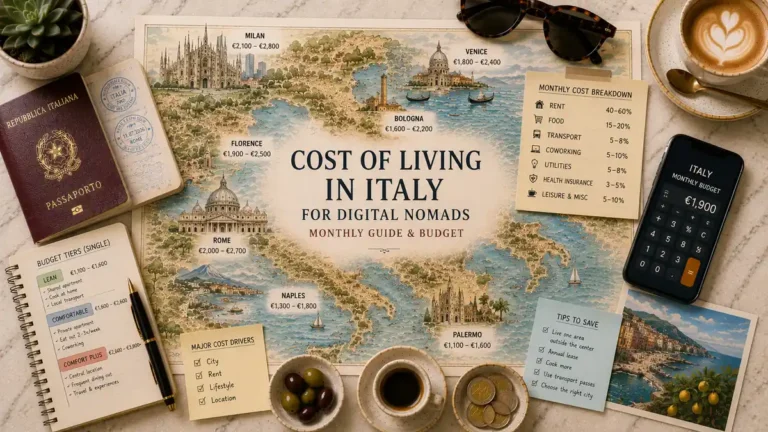 Overhead Italy cost-of-living map flat lay with a passport, coffee, budget notebook, calculator phone, coins, olives, city costs, and saving tips.