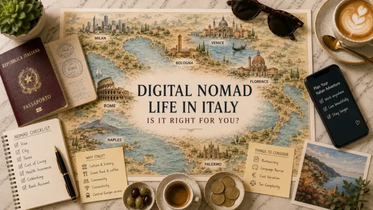 Overhead Italy map flat lay with a passport, coffee, smartphone, checklist, notebook, coins, olives, sunglasses, and remote-work planning notes.