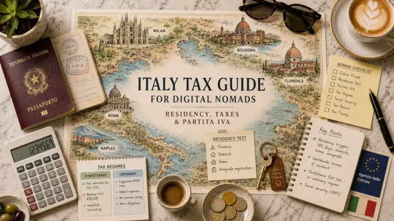 Overhead Italy map flat lay with a passport, calculator, coffee, notebook, tax checklist, coins, keys, sunglasses, and remote-work planning notes.