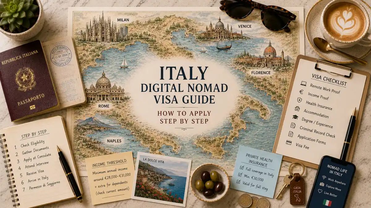 Italy Digital Nomad Visa: Requirements & How to Apply 2 Overhead Italy map flat lay with a passport, visa checklist, notebook, coffee, health insurance note, income card, keys, olives, and smartphone.