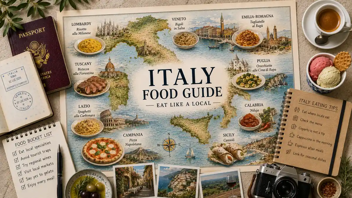 Flat lay Italy food map with passport, regional dishes, food checklist, notebook, gelato, coffee, and camera.
