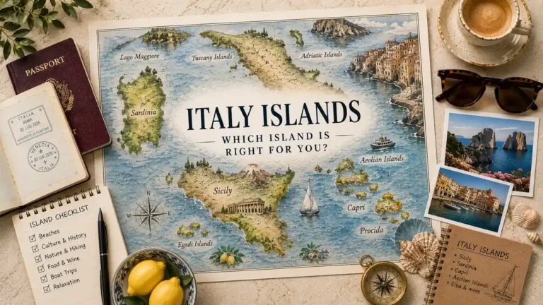 Flat lay Italy islands map with passport, island checklist, seashells, lemons, compass, and travel notes.