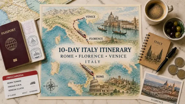 Flat lay of a 10-day Italy itinerary map with passport, rail ticket, espresso, olives, notebook and Florence postcard.