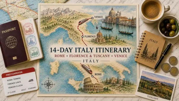 Flat lay of a 14-day Italy itinerary map with passport, rail ticket, espresso, olives, notebook and Tuscany postcard.