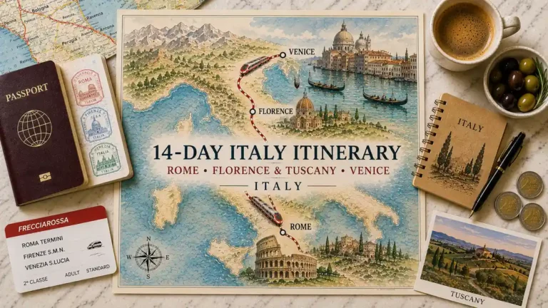 Flat lay of a 14-day Italy itinerary map with passport, rail ticket, espresso, olives, notebook and Tuscany postcard.
